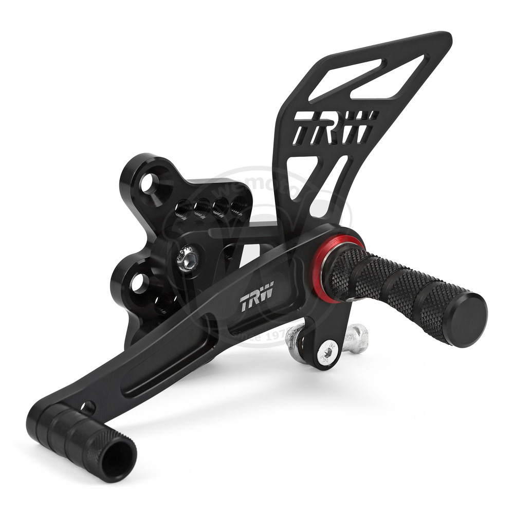 TRW rearset with perforated adjustment plate and TRW logo heel guard